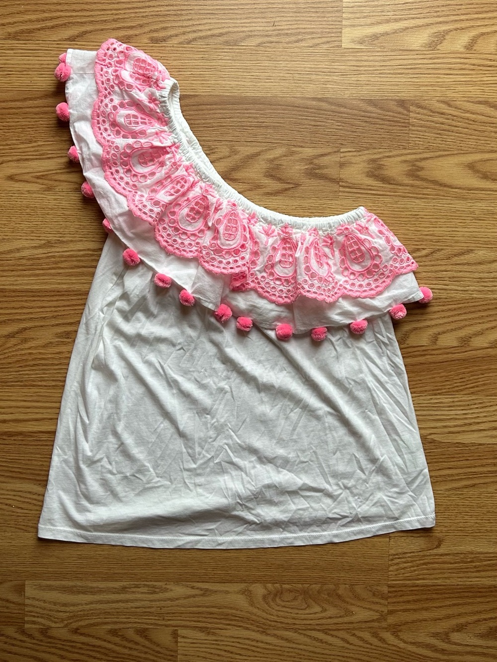 Lilly Pulitzer Women Top Medium White Pink Pom Pom Lace Ruffle One Shoulder